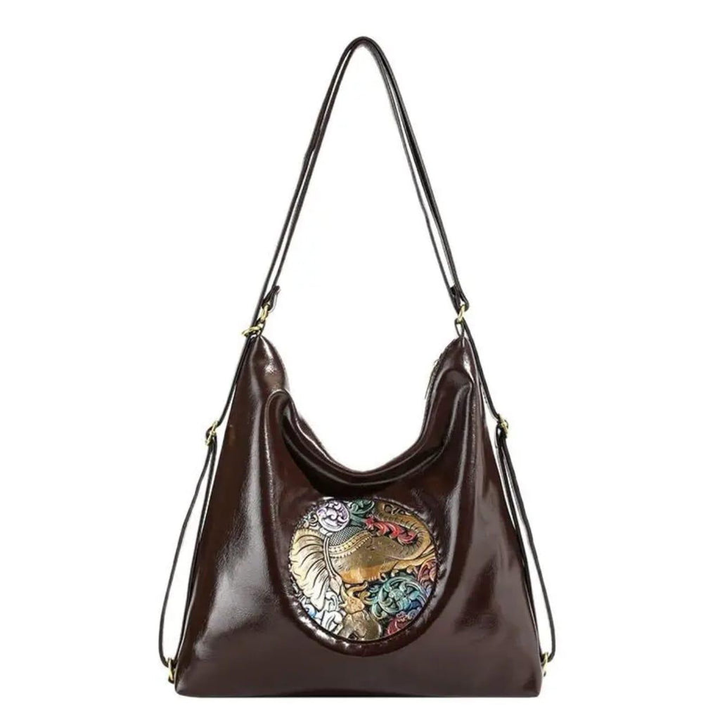 Premium Handcrafted Boho Chic Leather Shoulder and Tote Bag with Artistic Embossed Motif