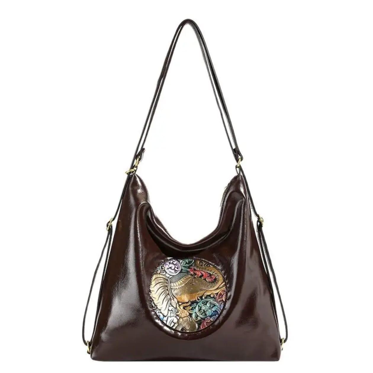 Premium Handcrafted Boho Chic Leather Shoulder and Tote Bag with Artistic Embossed Motif